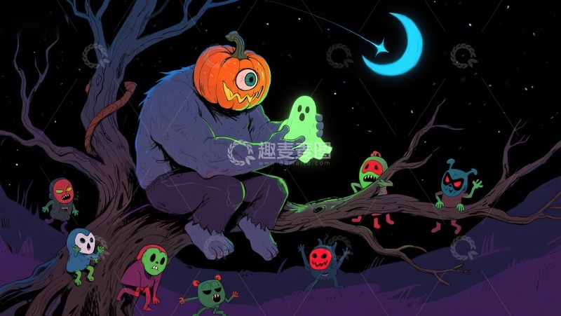 高清大图下载【趣麦麦图】-南瓜头怪与小鬼共度月夜