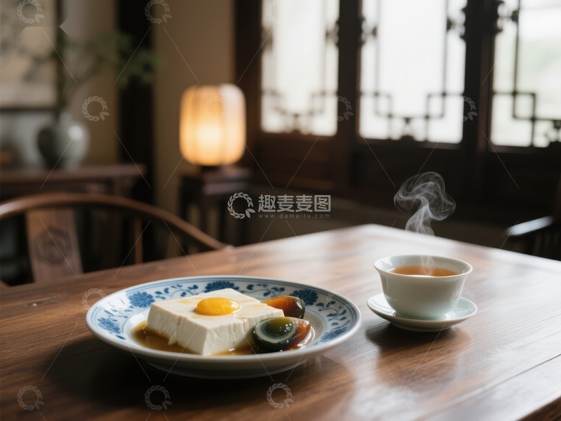 高清大图下载【趣麦麦图】热茶与豆腐蛋黄，传统中式早餐
