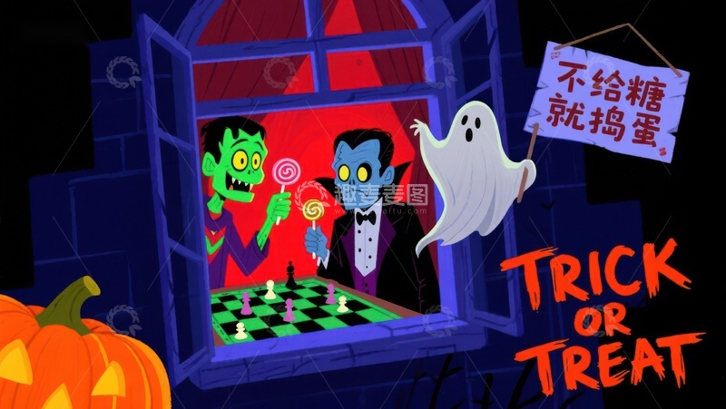 高清大图下载【趣麦麦图】万圣节夜景：妖怪与糖果