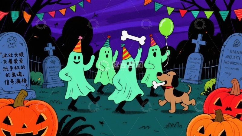 高清大图下载【趣麦麦图】万圣节幽灵与小狗欢乐派对