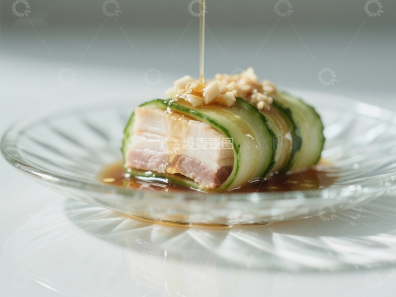 高清大图下载【趣麦麦图】黄瓜卷肉配酱汁，精致美食