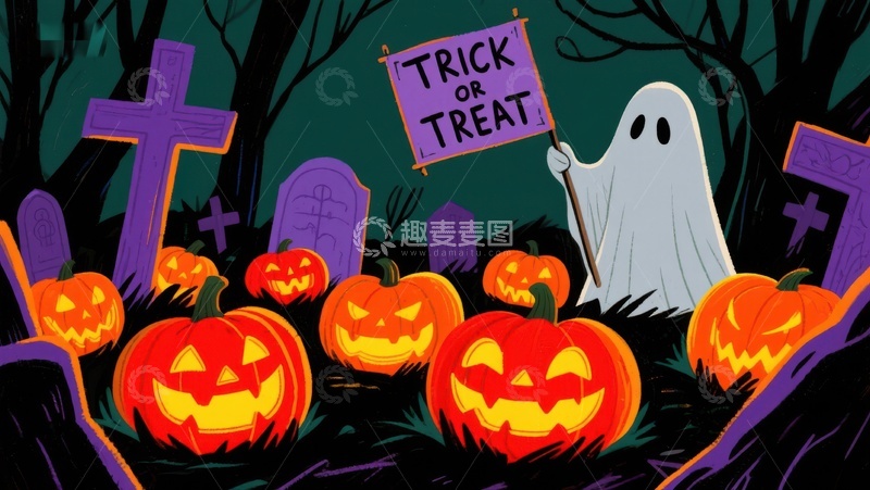 高清大图下载【趣麦麦图】万圣节墓地幽灵与南瓜灯
