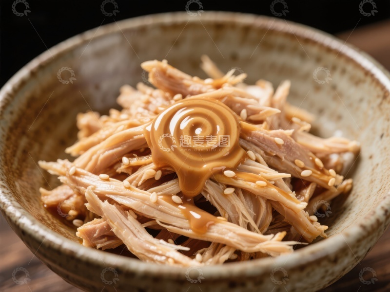 高清大图下载【趣麦麦图】碗中淋有酱汁的撕碎鸡肉