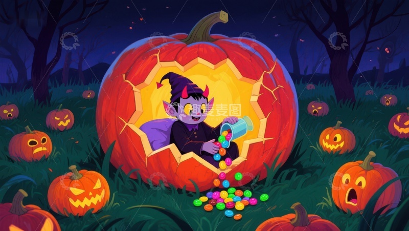 高清大图下载【趣麦麦图】-南瓜灯中的小恶魔倒糖果
