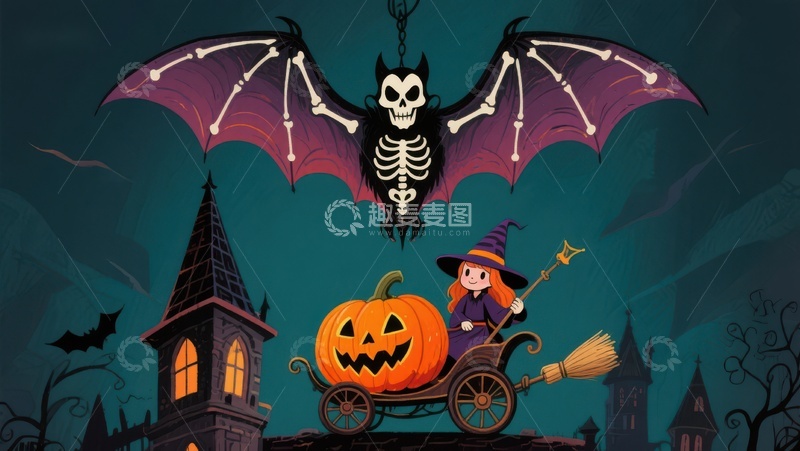 高清大图下载【趣麦麦图】万圣夜巫女与骷髅蝙蝠