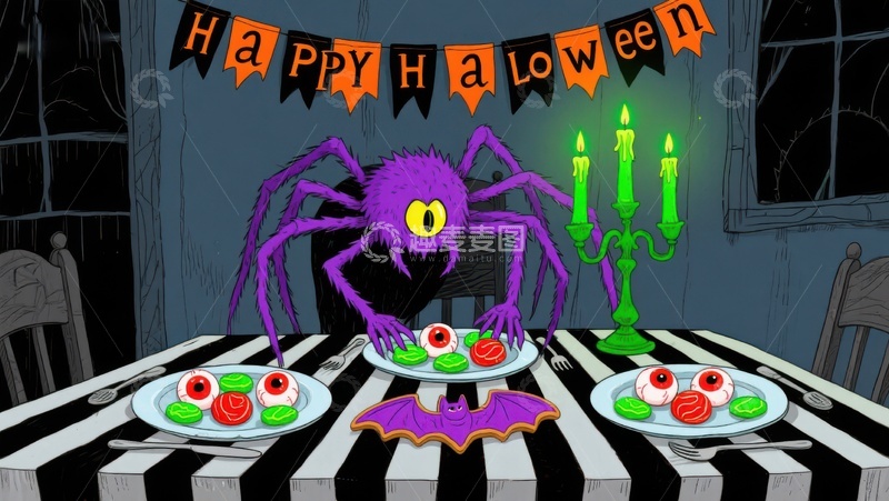 高清大图下载【趣麦麦图】万圣节餐桌上的紫色蜘蛛