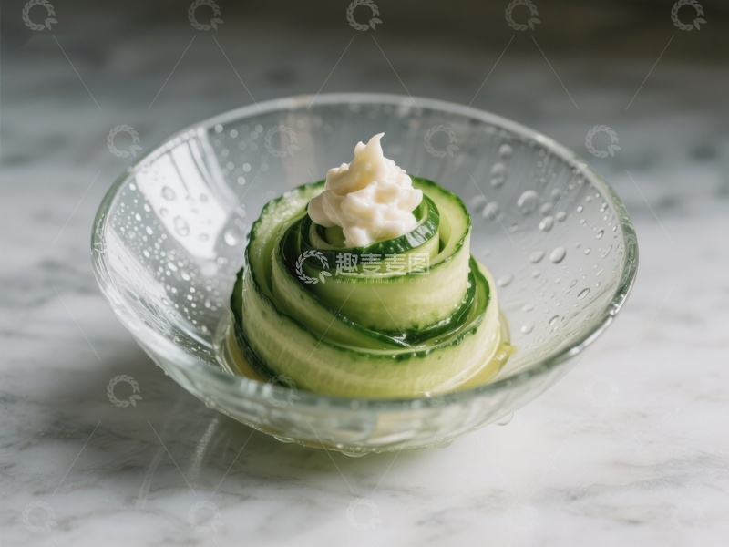 高清大图下载【趣麦麦图】黄瓜卷配奶油，置于透明碗中