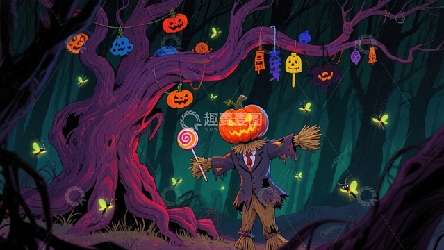 万圣节南瓜头人物在神秘森林中