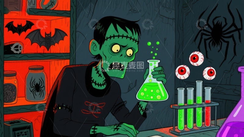 高清大图下载【趣麦麦图】僵尸科学家在实验室调配绿色药剂