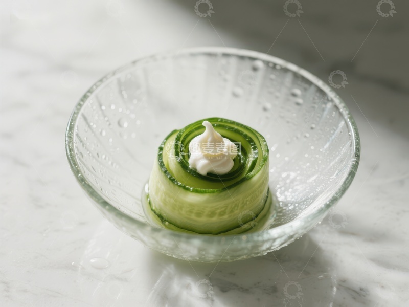 高清大图下载【趣麦麦图】黄瓜卷配奶油，置于透明碗中