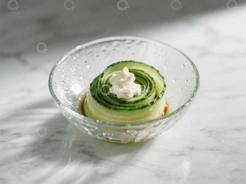 高清大图下载【趣麦麦图】黄瓜卷配奶油，置于透明碗中