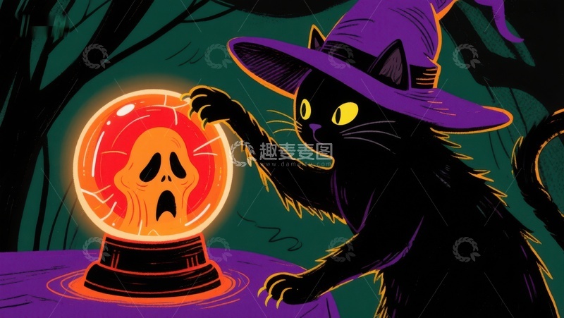 高清大图下载【趣麦麦图】黑猫巫师帽触碰发光水晶球