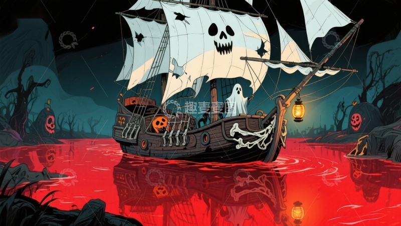 高清大图下载【趣麦麦图】幽灵海盗船夜航血色水域