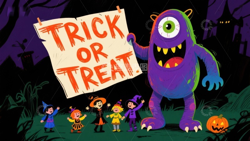 高清大图下载【趣麦麦图】万圣节怪物手持&ldquo;不给糖就捣蛋&rdquo;标语