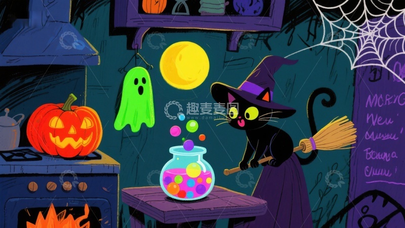高清大图下载【趣麦麦图】万圣节夜景：黑猫与糖果罐