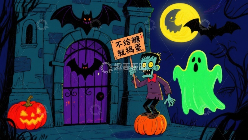 高清大图下载【趣麦麦图】万圣节夜景：僵尸举牌，幽灵飘浮