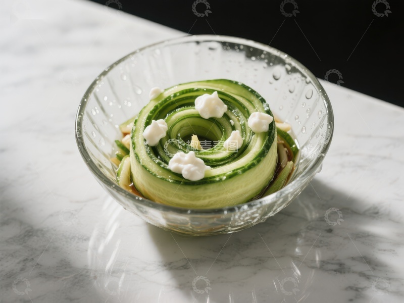 高清大图下载【趣麦麦图】黄瓜卷配酸奶油，置于透明碗中