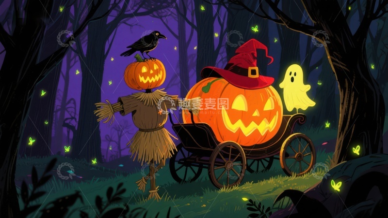 高清大图下载【趣麦麦图】万圣节南瓜车与稻草人