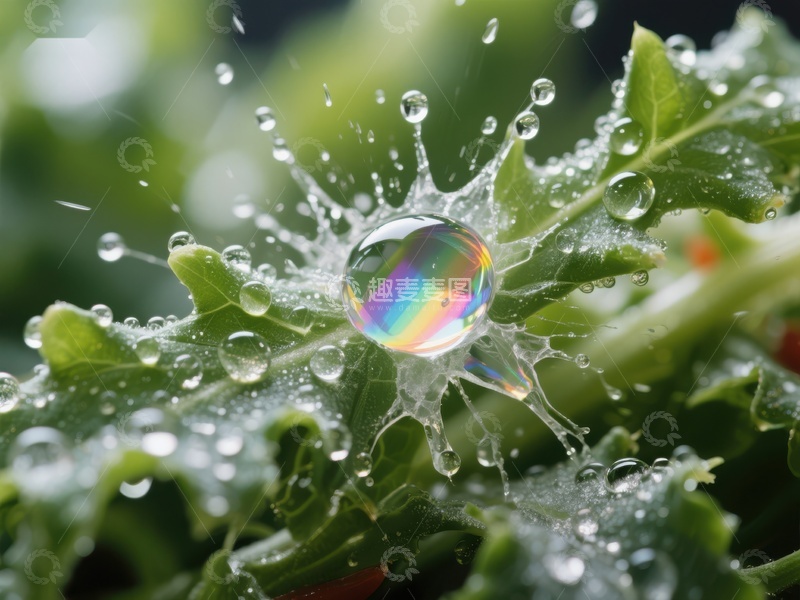 高清大图下载【趣麦麦图】叶尖水滴折射彩虹