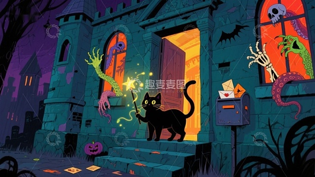 万圣节夜景：黑猫与幽灵古堡