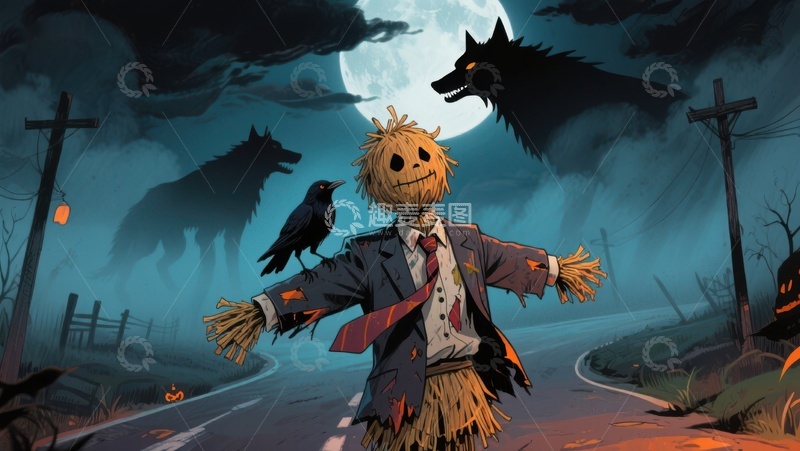 高清大图下载【趣麦麦图】月夜下的稻草人与狼