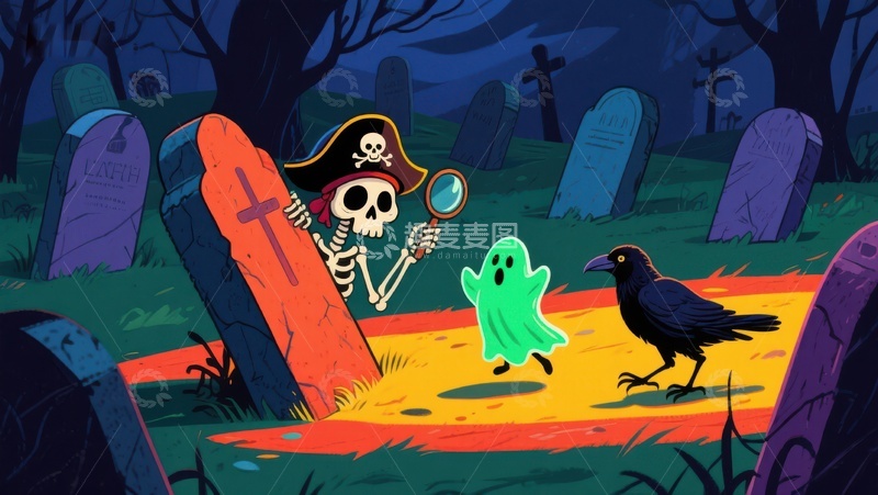 高清大图下载【趣麦麦图】墓地里的骷髅与幽灵