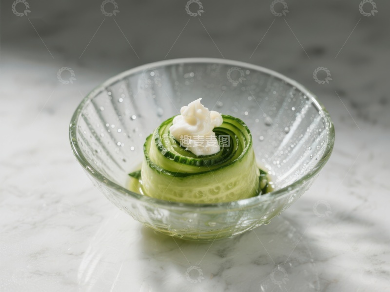 高清大图下载【趣麦麦图】黄瓜卷配奶油，置于透明碗中