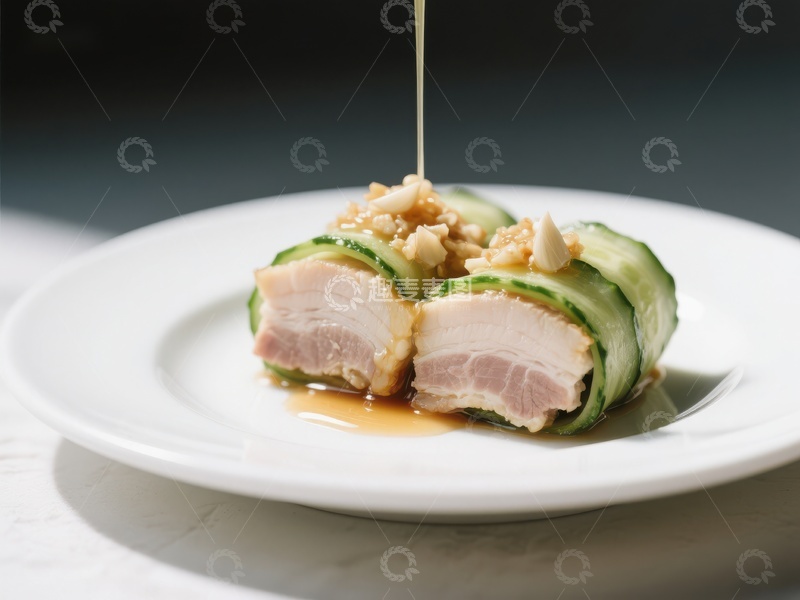 高清大图下载【趣麦麦图】精致菜肴：黄瓜包裹肉片配酱汁