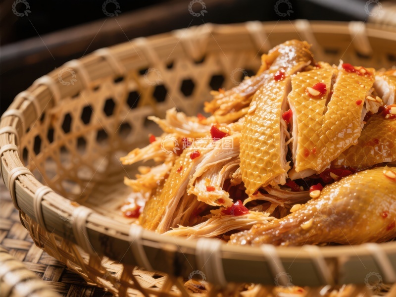 高清大图下载【趣麦麦图】竹篮中的香辣手撕鸡