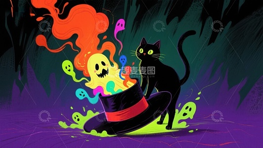 魔法帽中冒出的幽灵与黑猫
