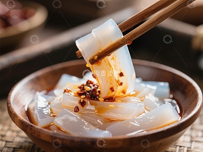 筷子夹起的凉粉，碗中淋有辣椒油