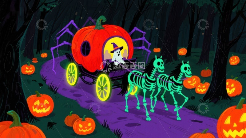 高清大图下载【趣麦麦图】万圣节南瓜马车夜行森林