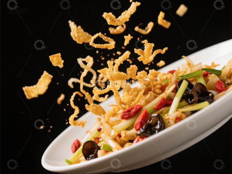 高清大图下载【趣麦麦图】美食瞬间：脆片飞舞的中式菜肴