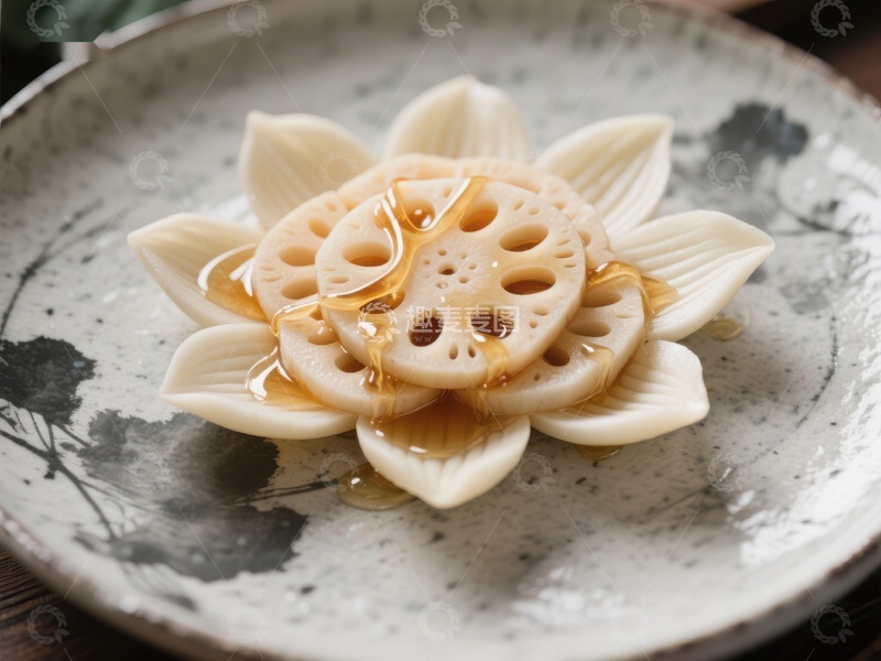 高清大图下载【趣麦麦图】莲藕片淋蜂蜜，盘中绽放如花