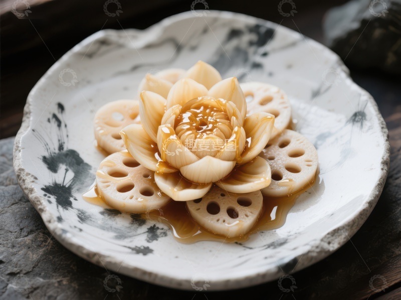 高清大图下载【趣麦麦图】莲藕花式摆盘，淋上蜂蜜