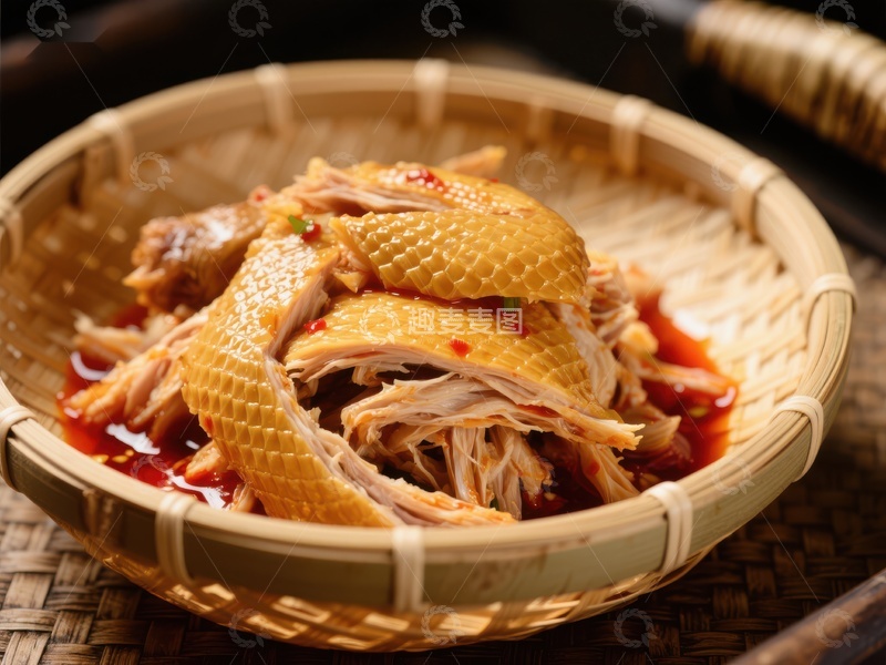 高清大图下载【趣麦麦图】竹篮中的香辣手撕鸡