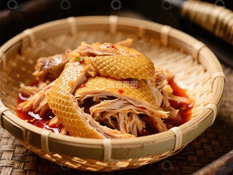 竹篮中的香辣手撕鸡