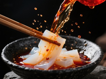 筷子夹取凉粉，酱汁倾泻而下