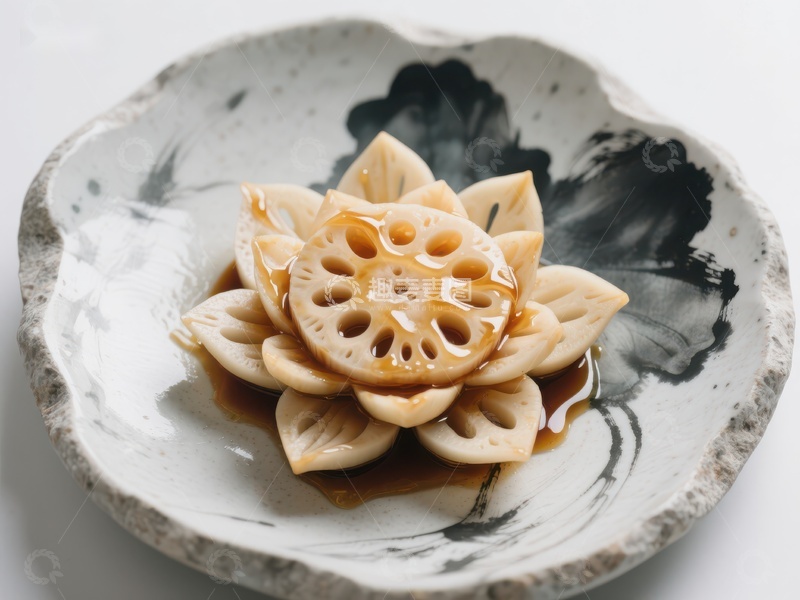 高清大图下载【趣麦麦图】莲藕片摆盘，淋上酱汁