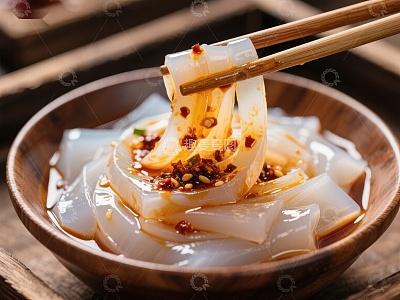 凉粉配辣椒油，筷子夹起特写