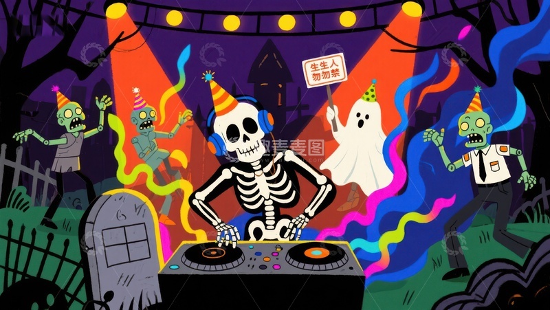 高清大图下载【趣麦麦图】骷髅DJ在万圣节派对上表演