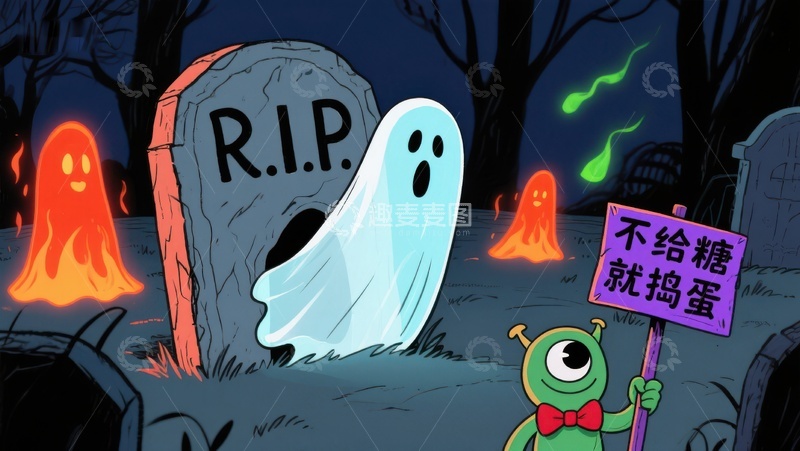 高清大图下载【趣麦麦图】万圣节幽灵与糖果怪在墓地