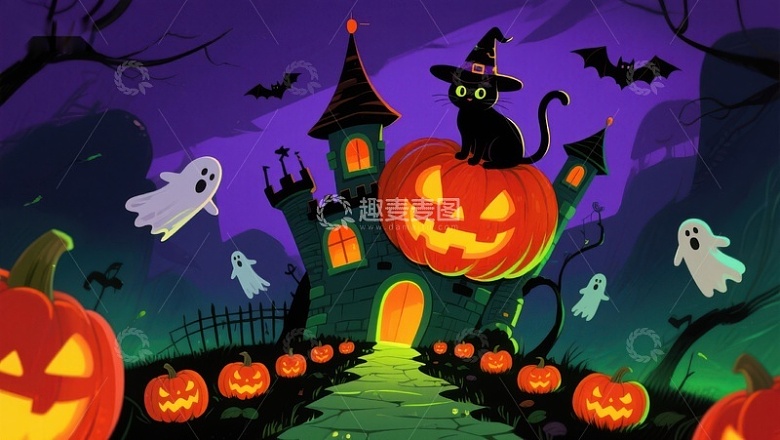 万圣节夜景：南瓜灯与幽灵城堡