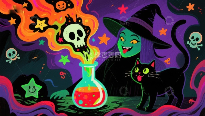 高清大图下载【趣麦麦图】巫师与黑猫的魔法夜