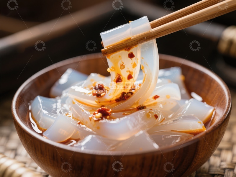 高清大图下载【趣麦麦图】凉粉配辣椒油，筷子夹起特写