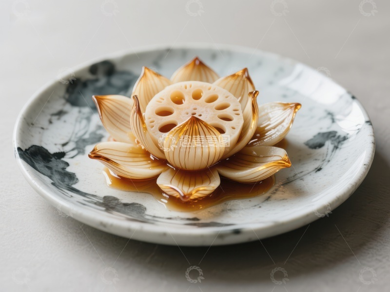 高清大图下载【趣麦麦图】莲藕雕刻成莲花，置于水墨盘中