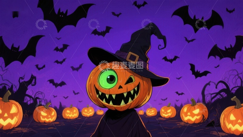 高清大图下载【趣麦麦图】万圣节南瓜灯与蝙蝠的夜景