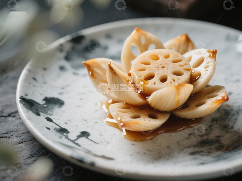 高清大图下载【趣麦麦图】莲藕片摆盘，淋上酱汁
