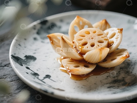 莲藕片摆盘，淋上酱汁