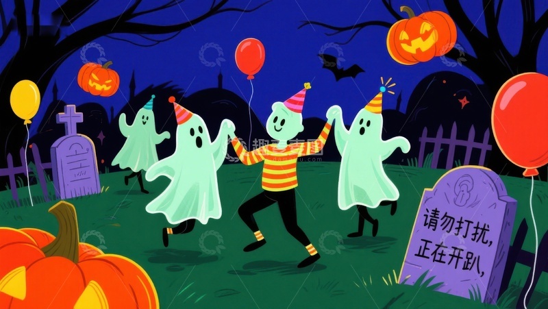 高清大图下载【趣麦麦图】万圣节幽灵与小孩欢乐派对